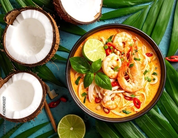 Fototapeta Bowl of spicy coconut curry noodle soup with shrimp, garnished with fresh herbs, surrounded by coconut halves and palm leaves on a teal background