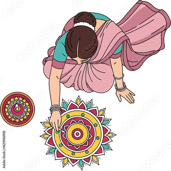 Fototapeta An Indian woman in a traditional sari creating a colorful Rangoli design on the floor for a festive celebration like Diwali