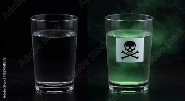 Fototapeta A glass of pure water labeled with a poison symbol emits a sickly aura, a powerful metaphor for the nocebo effect and how negative belief can cause harm.