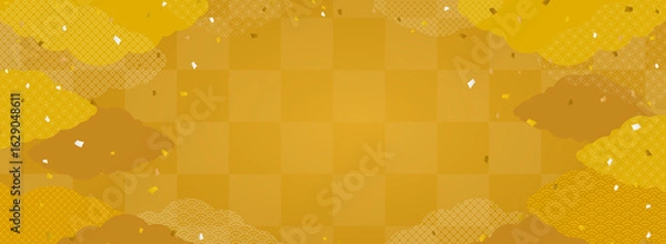 Obraz 金色の市松模様と和柄の雲の背景・フレーム素材（バナー向け横長）
