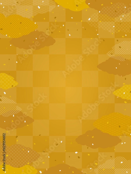 Obraz 金色の市松模様と和柄の雲の背景・フレーム素材（縦向き）