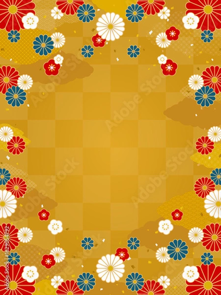 Obraz 金色の市松模様と和風の花・雲の背景・フレーム素材（縦向き）