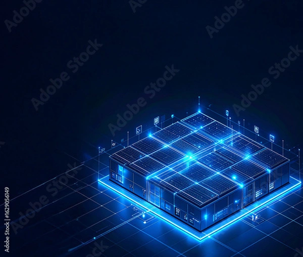 Fototapeta Conceptual 3D rendering of a glowing blue data center building connected by a network of lines and symbols. This futuristic image symbolizes cloud computing, big data, and IT infrastructure.