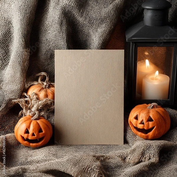 Fototapeta Halloween party invitation card mockup, kraft card on fabric texture, glowing candles and jack-oâ€™-lantern pumpkins beside