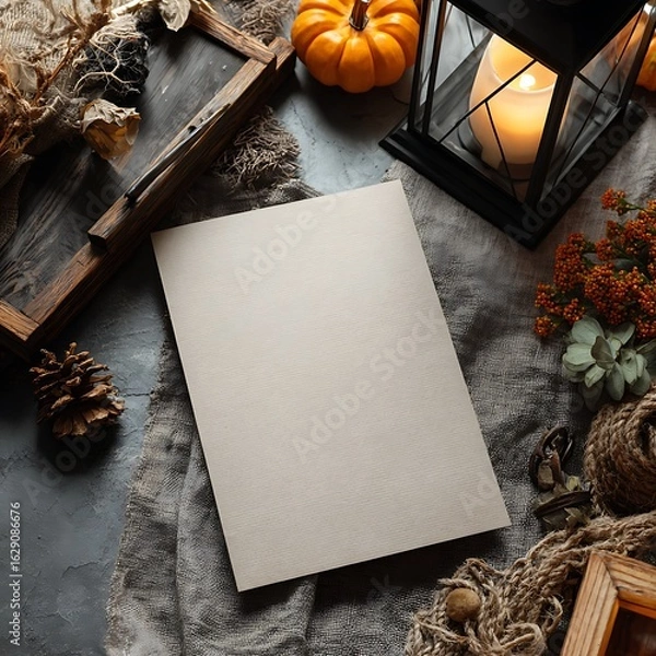 Fototapeta Blank kraft invitation mockup, lying flat on rustic table, surrounded by lantern and halloween decor, middle space clean