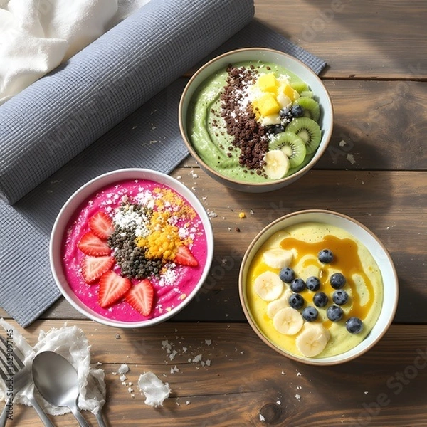 Obraz Top view of three colorful smoothie bowls with fresh fruit toppings on rustic wooden table, representing healthy breakfast, clean eating, and vibrant plant-based nutrition