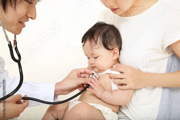Obraz お母さんに抱かれ、聴診器で診察される赤ちゃん