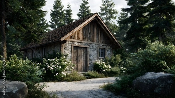 Obraz Charming rustic cottage nestled in a tranquil woodland garden