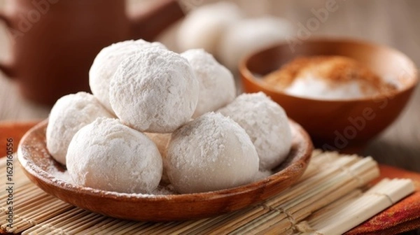 Obraz Soft and round sweet rice balls are neatly arranged in a rustic wooden dish, dusted with powdered sugar. A bowl of sweet filling sits nearby, creating a tempting dessert experience.