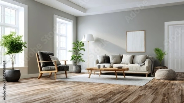 Fototapeta Minimalist Living Room: A serene interior design with natural light and wooden flooring, adorned with minimalist furniture, creating a calm and inviting atmosphere.