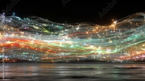 Fototapeta Abstract, colorful, glowing lines and particles against dark background, reflecting on a surface