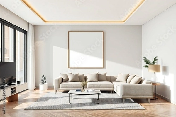 Fototapeta Bright modern living room with large sectional sofa and empty picture frame