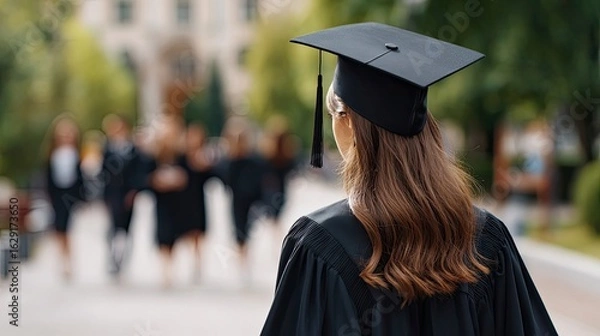 Obraz Graduation: A moment of triumph and new beginnings is captured as a graduate in cap and gown gazes towards the future, other graduates in the background.