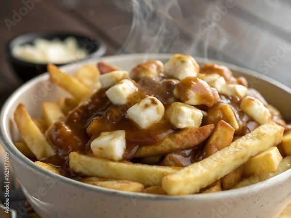 Fototapeta Delicious poutine with fries cheese curds and gravy