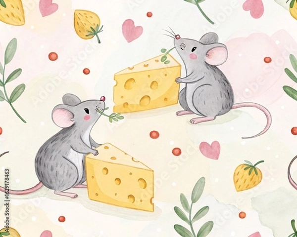 Fototapeta Charming Watercolor Seamless Pattern Featuring Cute Mice Enjoying Cheese and Berries with Delicate Floral Accents