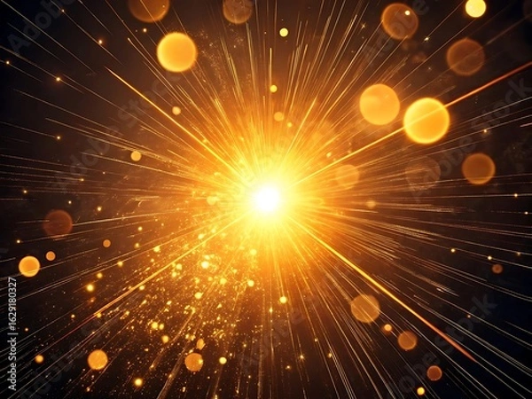 Fototapeta Photo of a captivating explosion of golden light radiates outwards, creating a dynamic and energetic abstract background, ideal for adding a touch of futuristic technology and design