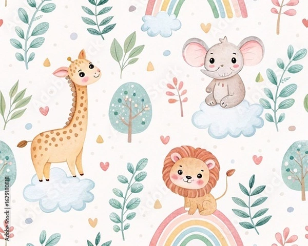 Fototapeta Enchanting Watercolor Safari Animals on Rainbows and Clouds with Delicate Foliage for Baby Nursery Decor