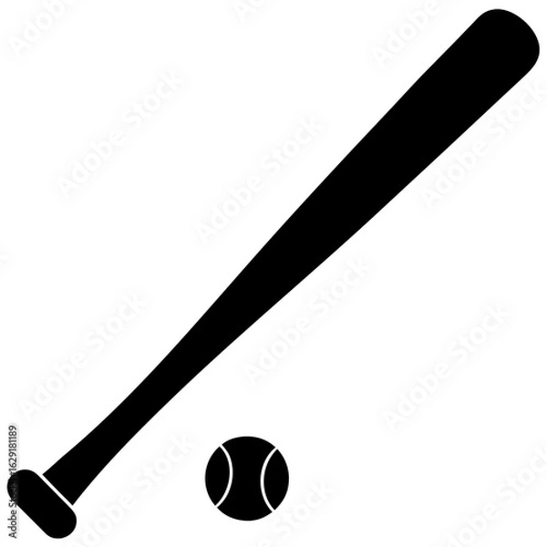 Fototapeta A simple black silhouette of a baseball bat angled diagonally across a white background with a baseball nearby