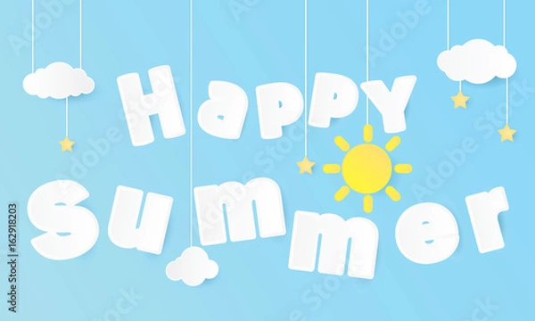 Fototapeta 3d happy summer greeting card paper art style design background vector illustration