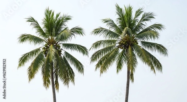 Fototapeta Two Tall Green Palm Trees with Fronds Against Clear Sky