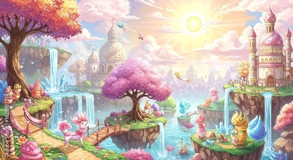 Fototapeta Colorful Fantasy Landscape with Pink Trees Waterfalls and Castles in Bright Sunlit Sky