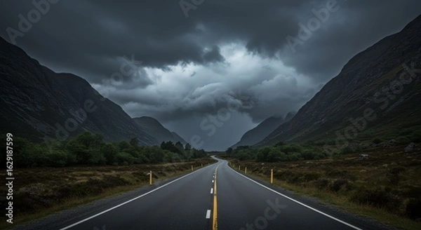 Fototapeta Empty Mountain Road Under Dark Clouds in Scenic Countryside