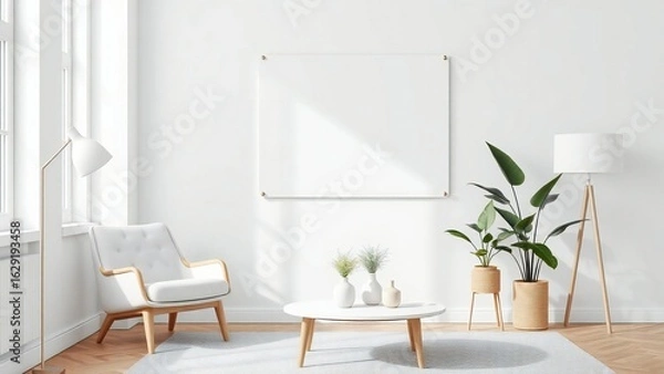 Fototapeta Bright modern living room with white armchair and plants