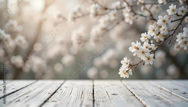 Fototapeta Soft focus spring blossoms on a weathered wooden table with gentle sunlight