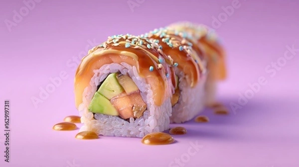 Fototapeta Close-up of vibrant sushi rolls, stacked with avocado and salmon, drizzled with sauce