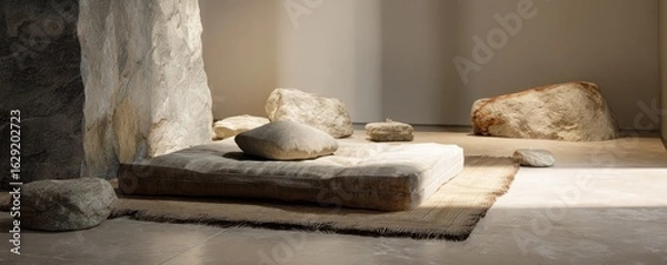 Fototapeta A minimalist arrangement of stones and a cushion on a mat in a softly lit interior space view
