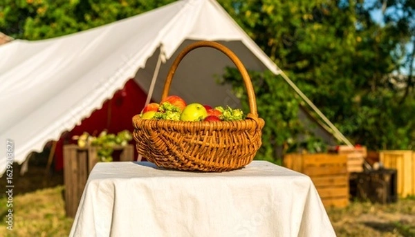 Fototapeta A wicker basket overflowing with fresh apples and grapes sits on a white table, with a large white tent and green trees in the sunny outdoor background.