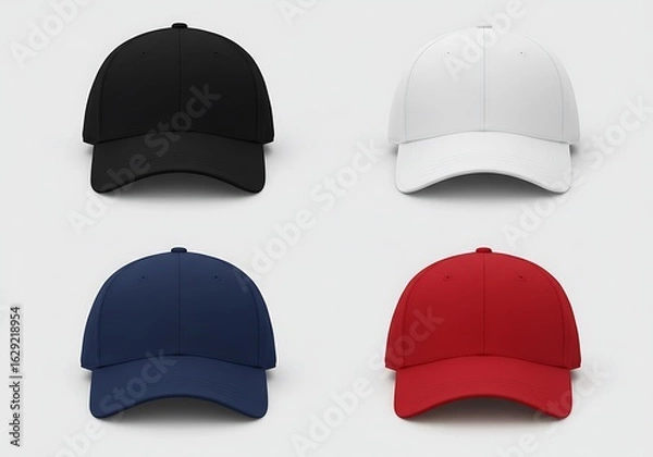 Obraz Blank baseball cap mockup set featuring four different colors. Isolated front view of black, white, navy, and red hats for apparel design.