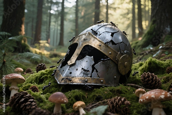 Obraz Ancient Helmet Under Dappled Forest Light