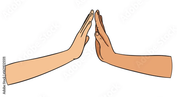 Fototapeta Cartoon illustration of two hands with different skin tones in a highfive gesture palms facing each other.
