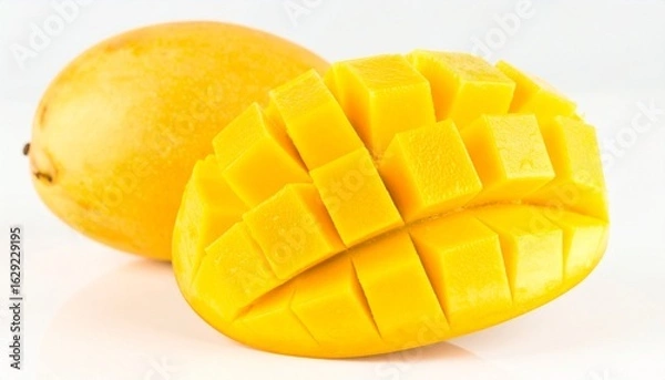 Fototapeta Sliced Grid Pattern Mango with Whole Mango on White Plate Showcasing Vibrant Color and Culinary Appeal