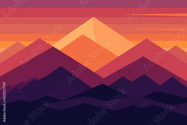 Fototapeta Geometric mountain range at sunset with warm colors