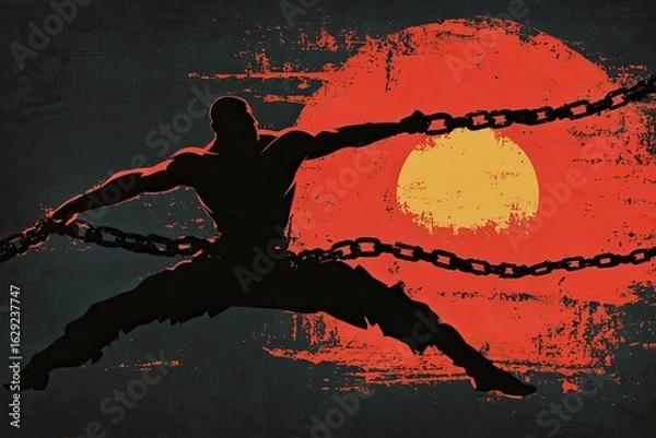 Fototapeta Silhouette of a man breaking chains with raised arms against a sunset sky background, a concept for freedom and a liberated lifestyle.