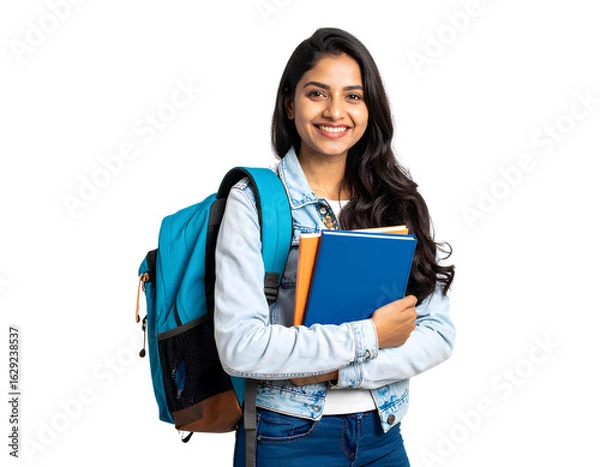 Fototapeta Portrait of a happy young Indian female student holding a book and wearing a backpack, ready for college or university, isolated on transparent background