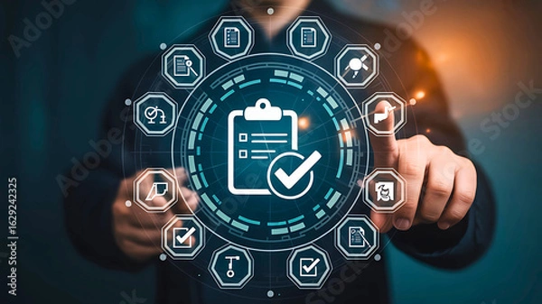 Obraz Quality assurance and standardization concept. A businessman interacting with a digital interface for process management and compliance.