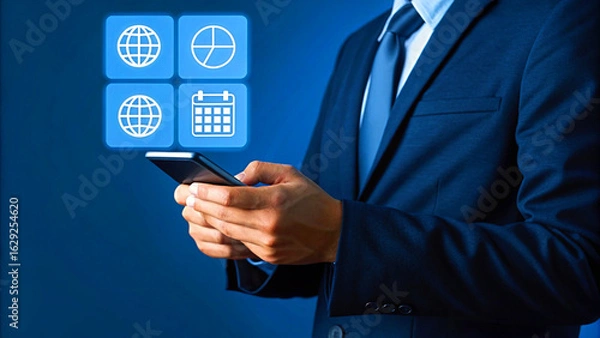 Fototapeta Modern businessman skillfully manages global data and schedules on his smartphone, embracing digital innovation for success.