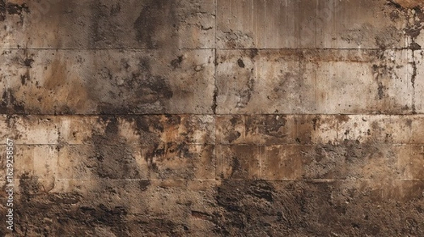 Fototapeta A weathered concrete wall displays a range of textures and earthy colors, suggesting age and neglect. Sunlight highlights the imperfections, showcasing urban decay in a metropolitan area.