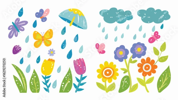 Fototapeta Illustration depicting flowers butterflies and rain with umbrella and clouds in a garden scene