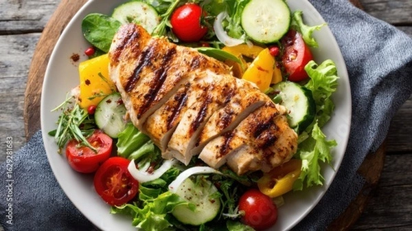 Fototapeta A delicious grilled chicken breast is sliced and placed on a vibrant garden salad featuring fresh greens, ripe tomatoes, cucumbers, and colorful peppers, garnished with herbs.