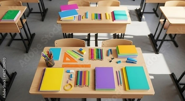 Fototapeta Overhead view of classroom desks with colorful school supplies arranged on the tabletops in a neat manner