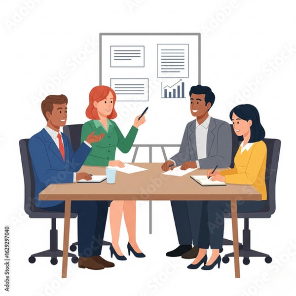 Fototapeta a flat style of a group of diverse people leading a discussion at a table near a whiteboard with charts and graphs