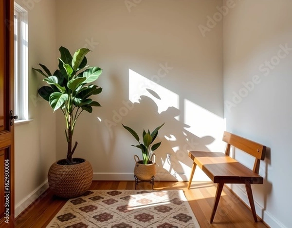 Fototapeta Mid Century Modern Plant Corner With Fiddle Leaf Fig Tree, Geometric Rug, And Wooden Bench, Warm Light