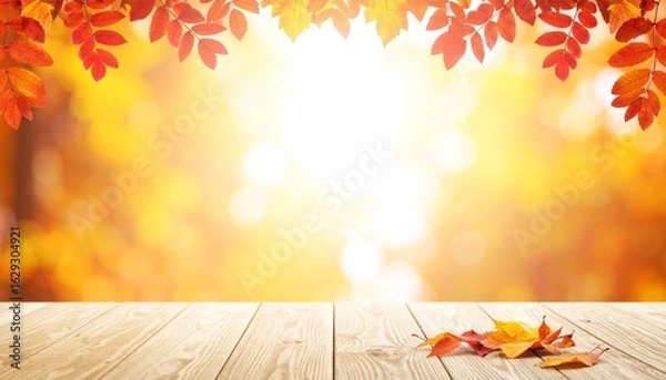 Obraz 紅葉と木のテーブルの秋の背景