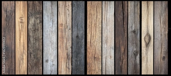 Fototapeta A close-up of numerous vertical, rustic wood planks, exhibiting diverse hues and textures, from light gray to dark brown, showcasing natural wood grain and weathered appearances