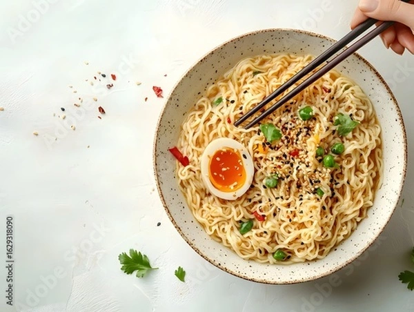 Fototapeta Delicious Bowl of Ramen with Soft Boiled Egg and Fresh Herbs