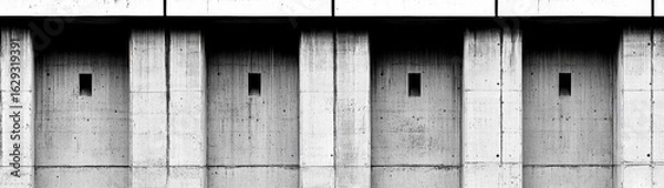 Fototapeta Monochrome image of a concrete facade with four recessed square openings, evenly spaced and framed by vertical concrete pillars under a horizontal band